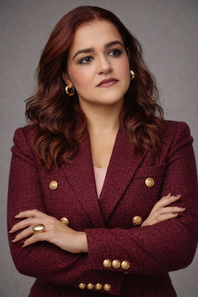 Retrato elegante de Aline França em blazer vinho com postura confiante